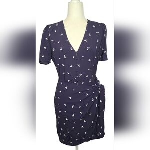 LUSH Faux Wrap Dress In Navy Blue/White V-neck Short-sleeve Size Medium